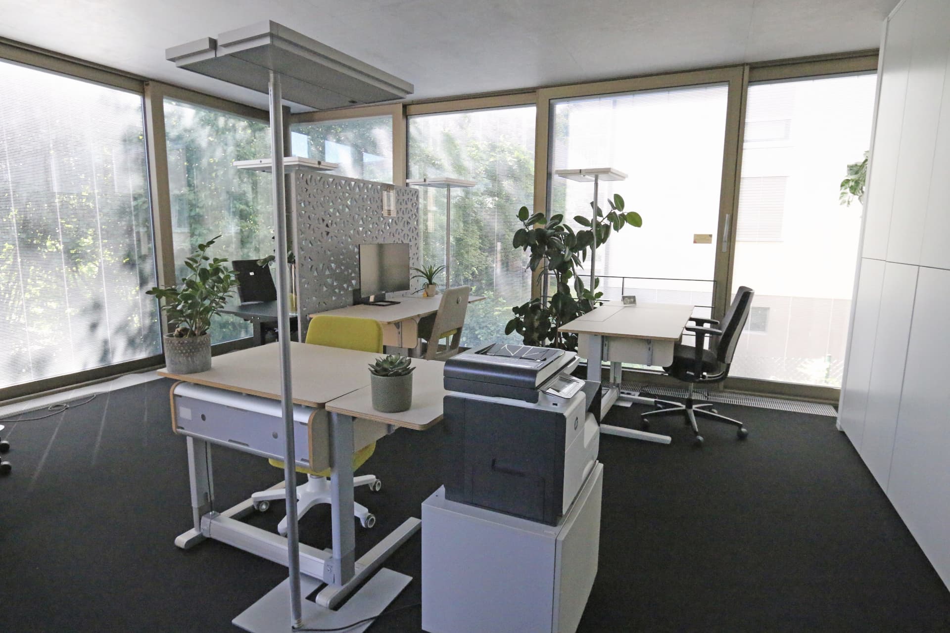 Flexible Arbeitsplätze in heller, grüner Atmosphäre