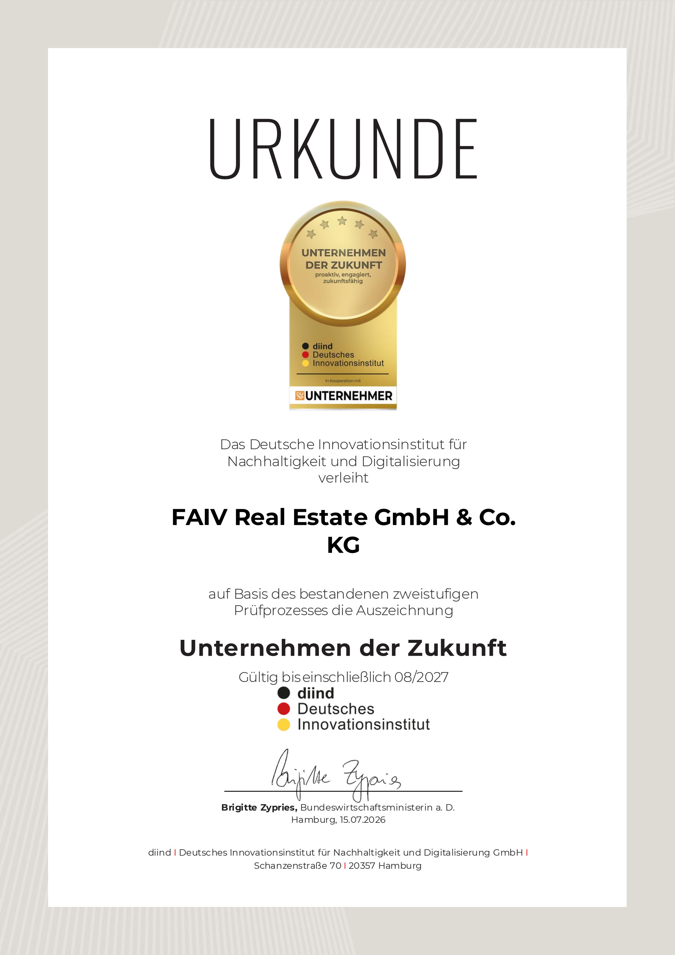 Urkunde Unternehmen der Zukunft 2026/27 — FAIV Real Estate