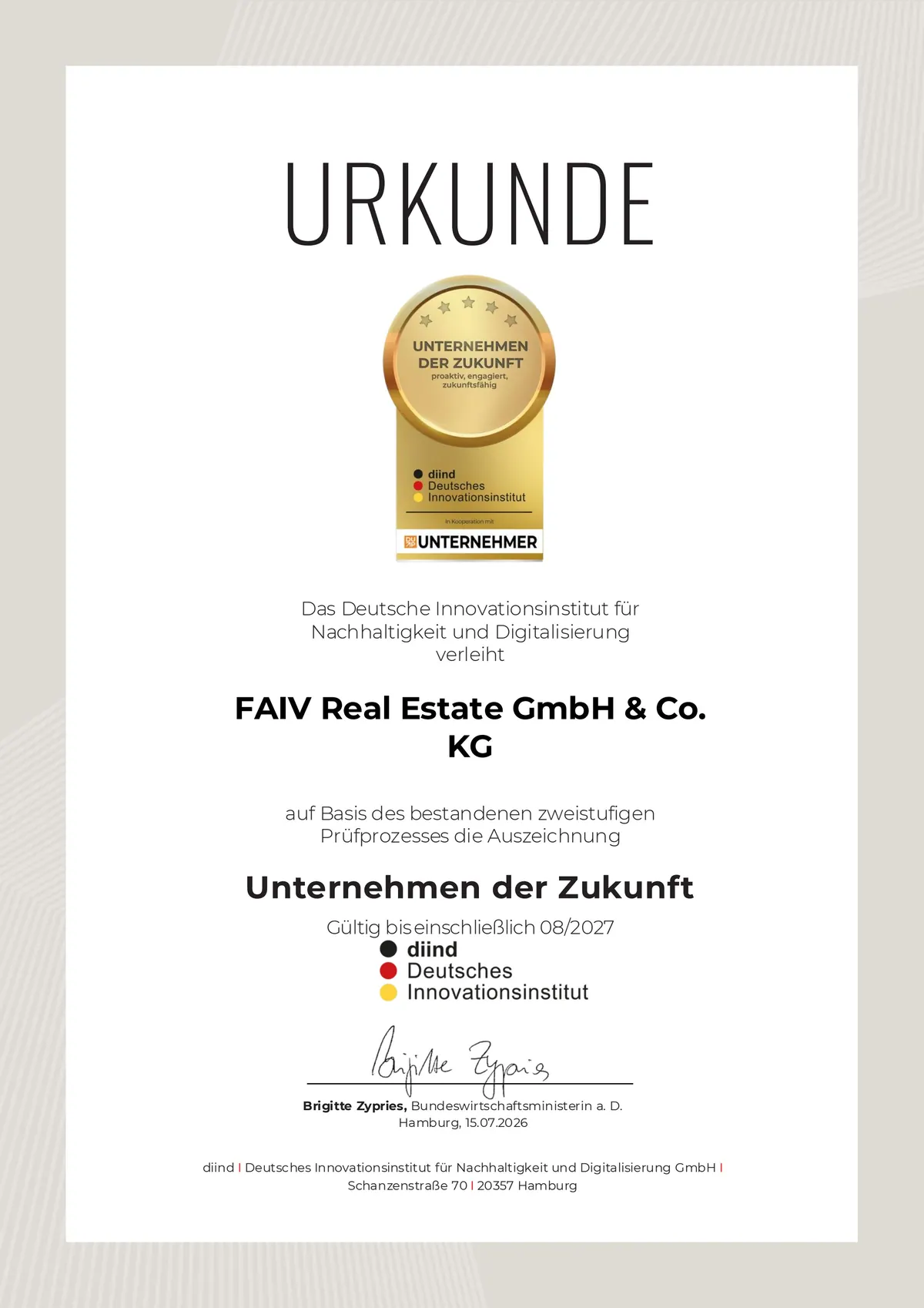 Certificate Company of the Future 2026/27 — FAIV Real Estate